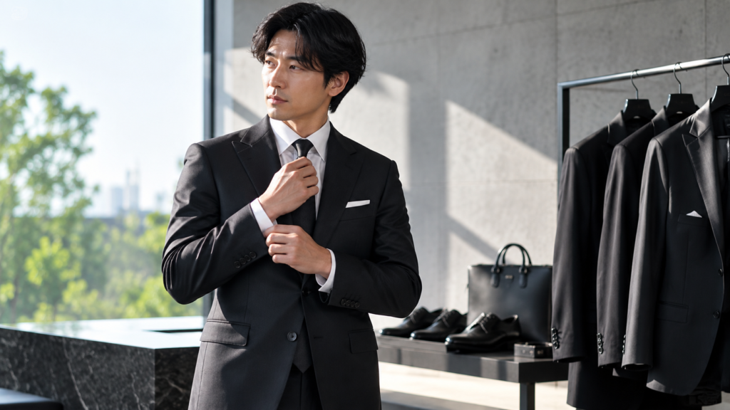 スーツ売り場で黒のビジネススーツと礼服を確認する男性