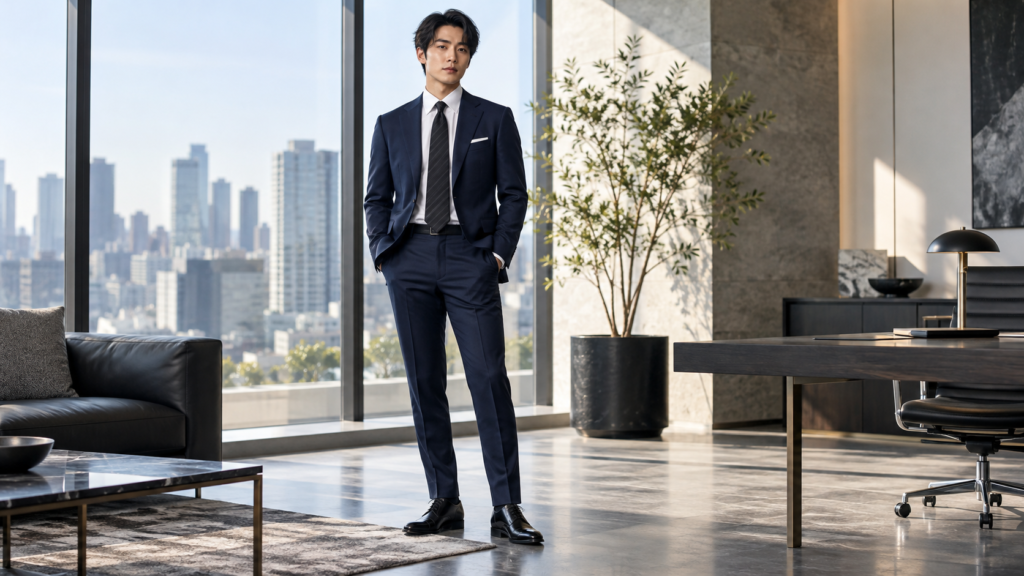 ネイビースーツに黒のストライプネクタイを合わせた日本人男性のビジネスコーディネート