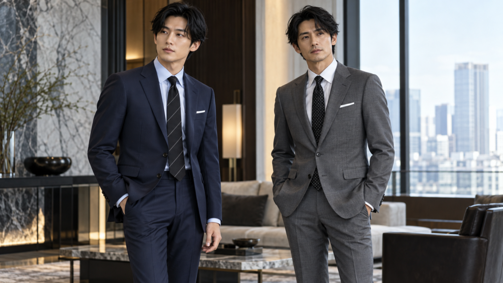 ネイビーとグレーのスーツに黒のストライプ・ドットネクタイを合わせた日本人男性2人のビジネススタイル