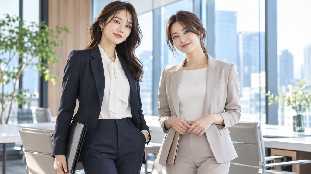 ブラウスとカットソーを着分けたレディースビジネススーツの女性