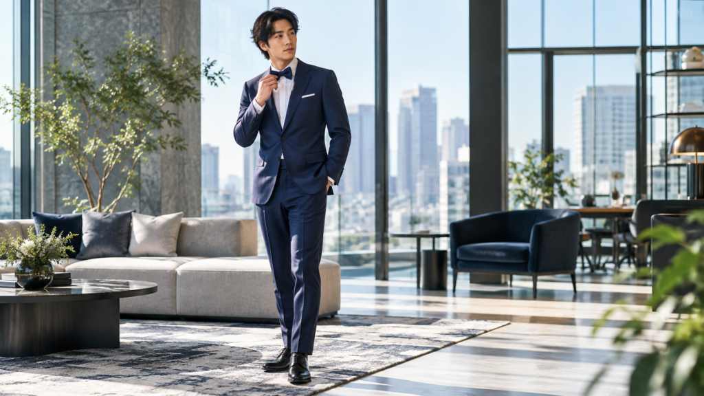 ネイビースーツに紺の蝶ネクタイを合わせ、明るいオフィスラウンジに立つ日本人男性