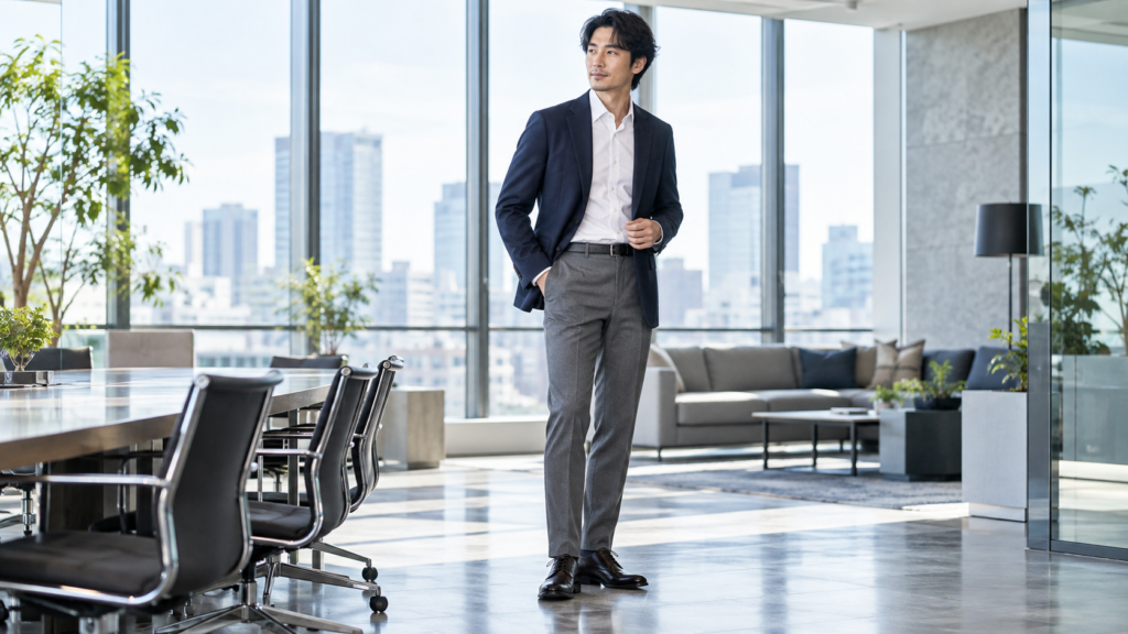 ネイビージャケットと白いワイシャツ、グレーのスラックスを合わせた男性のビジネスカジュアルコーディネート
