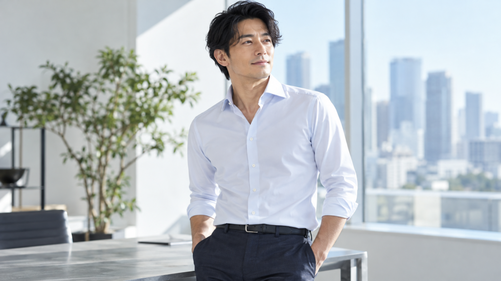 白いワイシャツの第一ボタンを開け、ネイビーのスラックスに裾を入れた男性のビジネスカジュアルスタイル