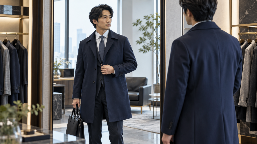 スーツの上からネイビーのビジネスコートを試着し鏡でサイズ感を確認する男性