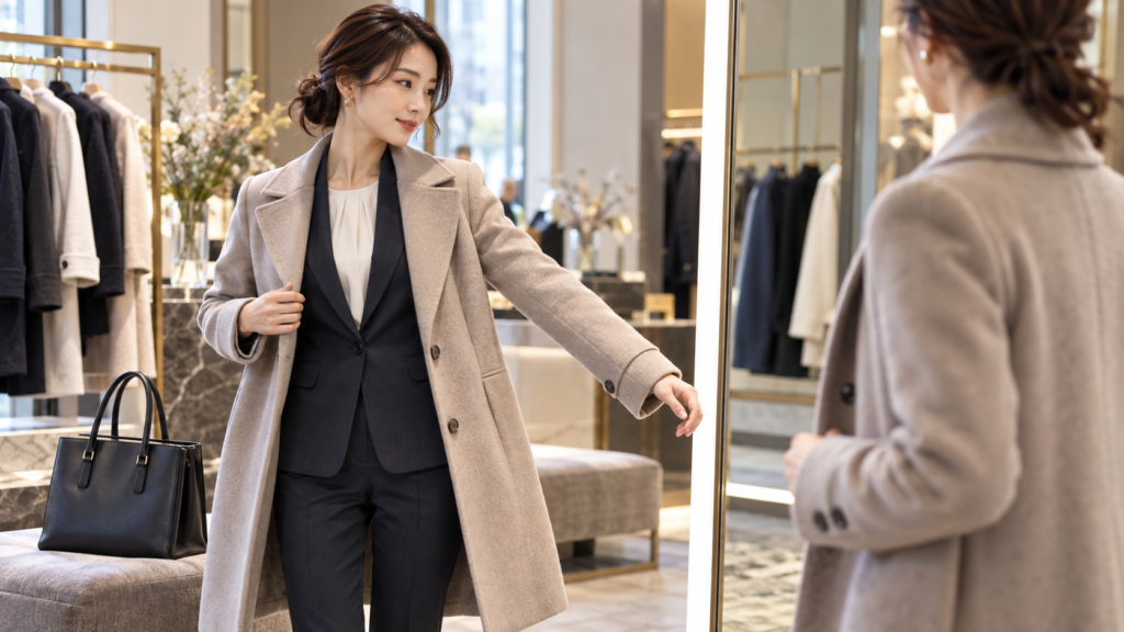 スーツの上から冬用ビジネスコートを試着する女性