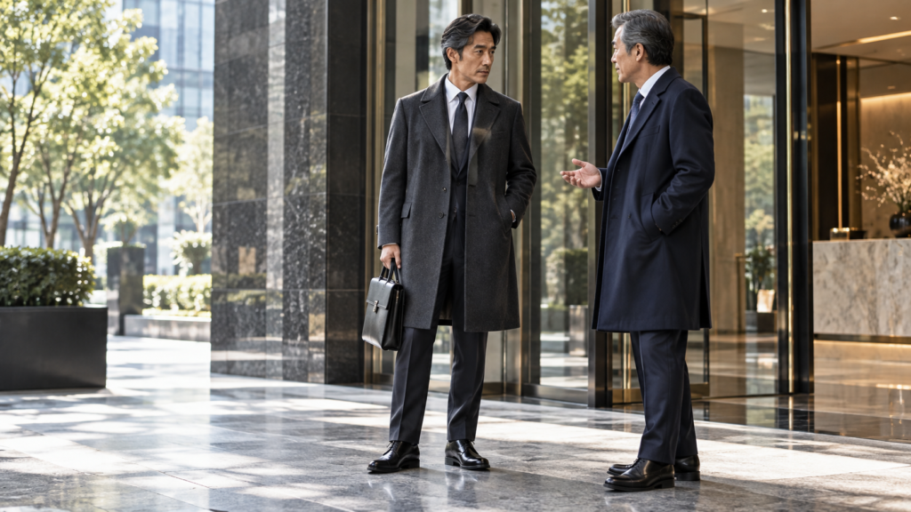 チェスターコートを着て商談する50代の日本人ビジネスマン
