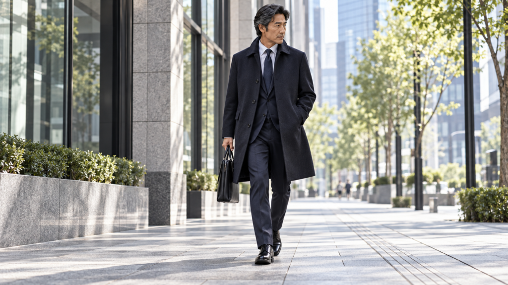 ネイビーのビジネスコートを着てオフィス街を歩く50代男性