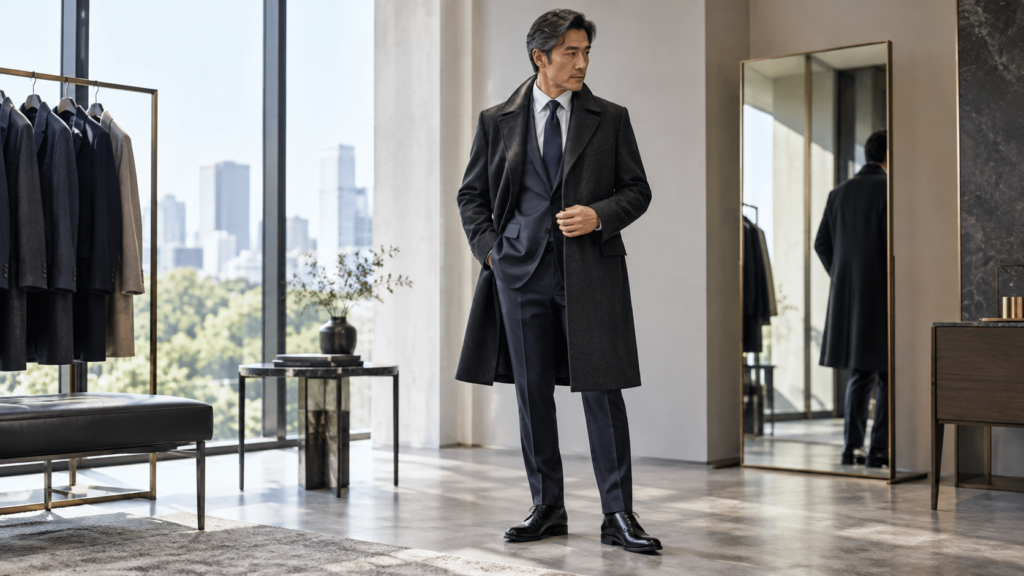 スーツの上からビジネスコートを試着してサイズを確認する50代男性