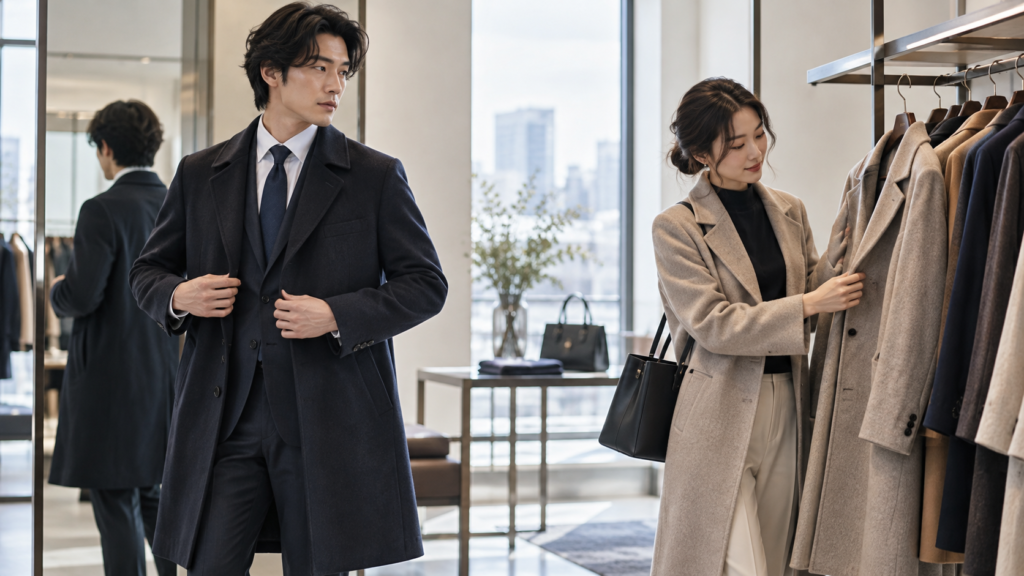 店頭でメンズとレディースのビジネスコートを試着して比較する日本人男女