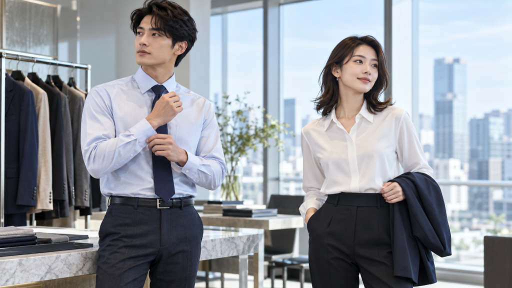 淡いブルーのワイシャツとネクタイを着用した男性と、白いシャツに黒いパンツを合わせた女性のビジネススタイル