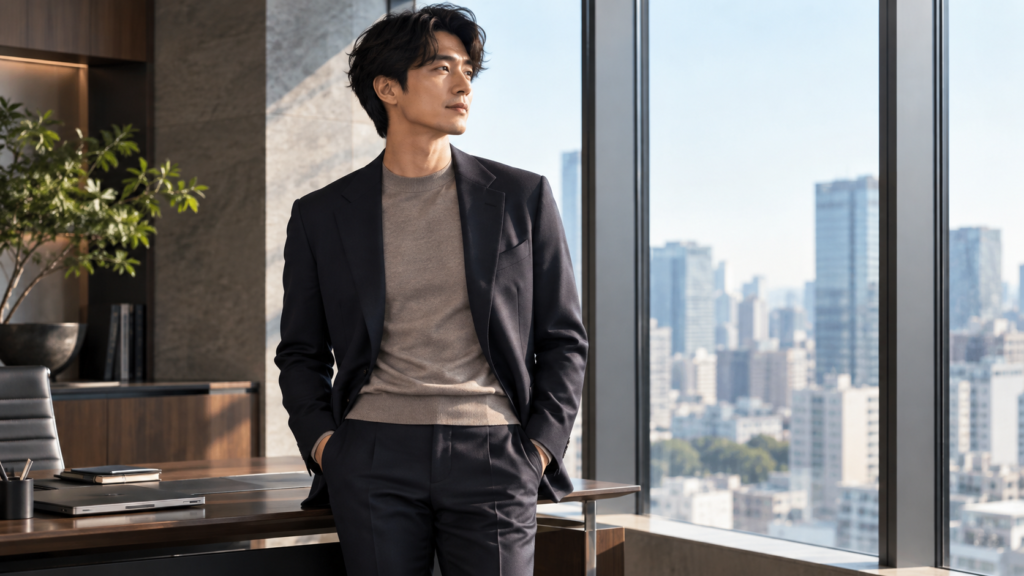 グレーの薄手ニットにネイビーのジャケットを合わせた男性のビジネスカジュアルスタイル