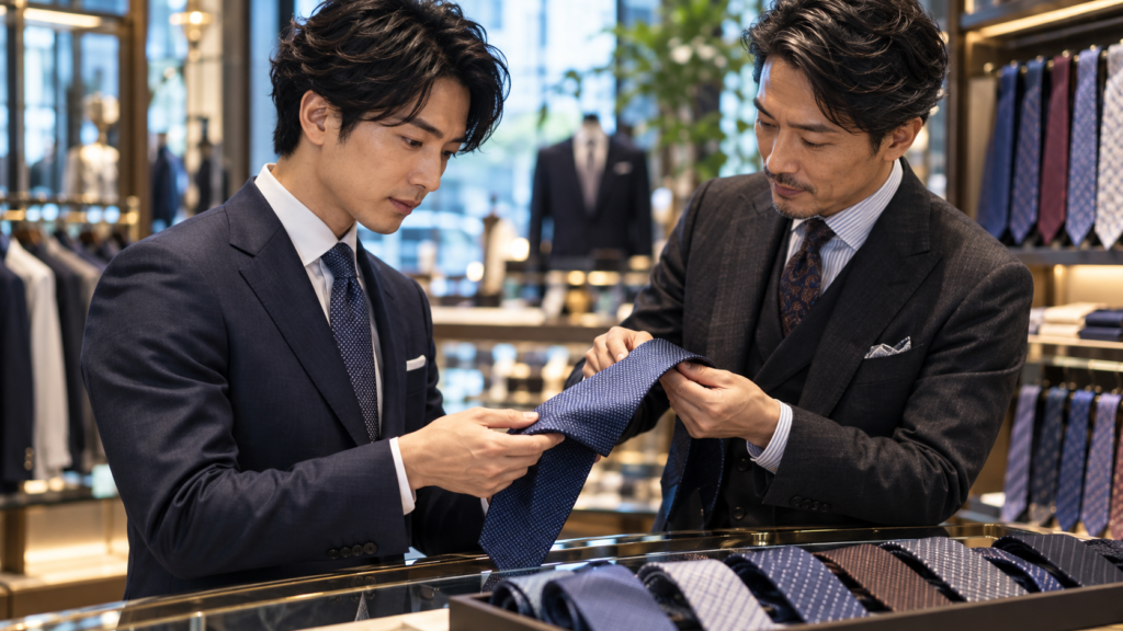 紳士服店で青いビジネスネクタイの生地や柄を確認する男性と販売