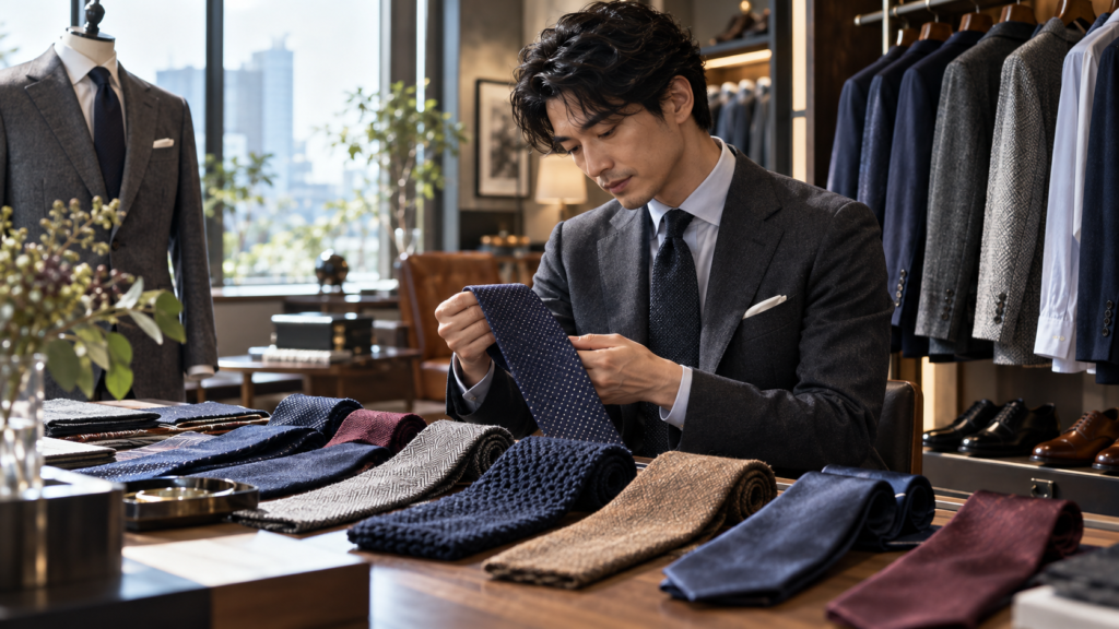 スーツ専門店でシルクやウール、ニットなど質感の異なるビジネスネクタイを手に取り比較する日本人男性