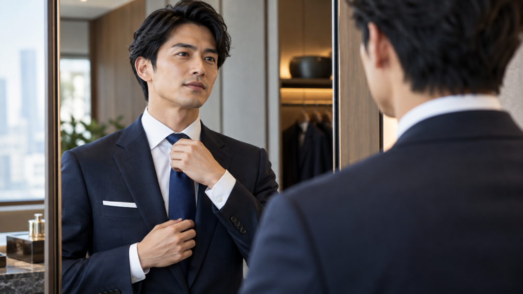 鏡の前でネイビーのネクタイの結び目を整えるビジネススーツ姿の男性