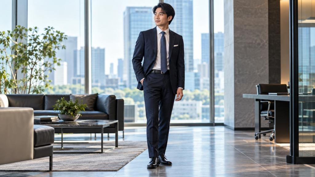 ネイビーのスーツとネクタイを着用し、ビジネス向けの着こなしを見せる男性の全身姿