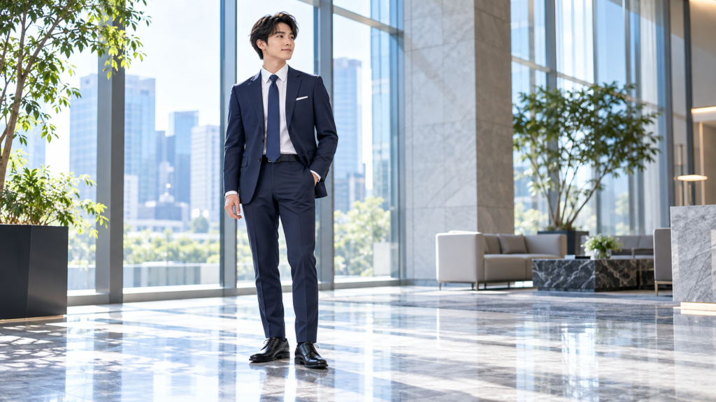 ネイビースーツと白いビジネスワイシャツを着用した20代男性の清潔感あるコーディネート