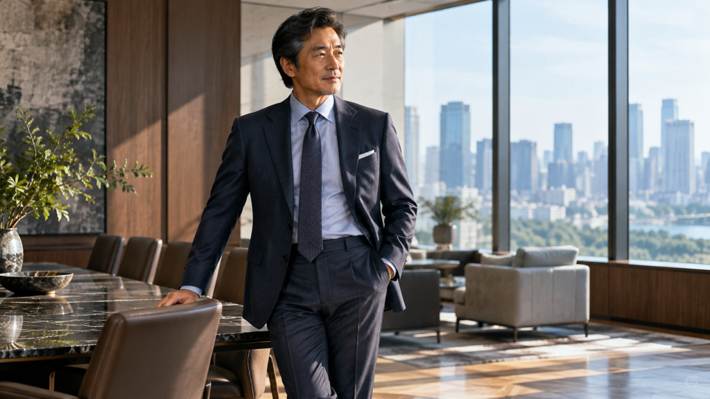 淡いブルーのビジネスワイシャツとネイビースーツを上品に着こなす50代男性