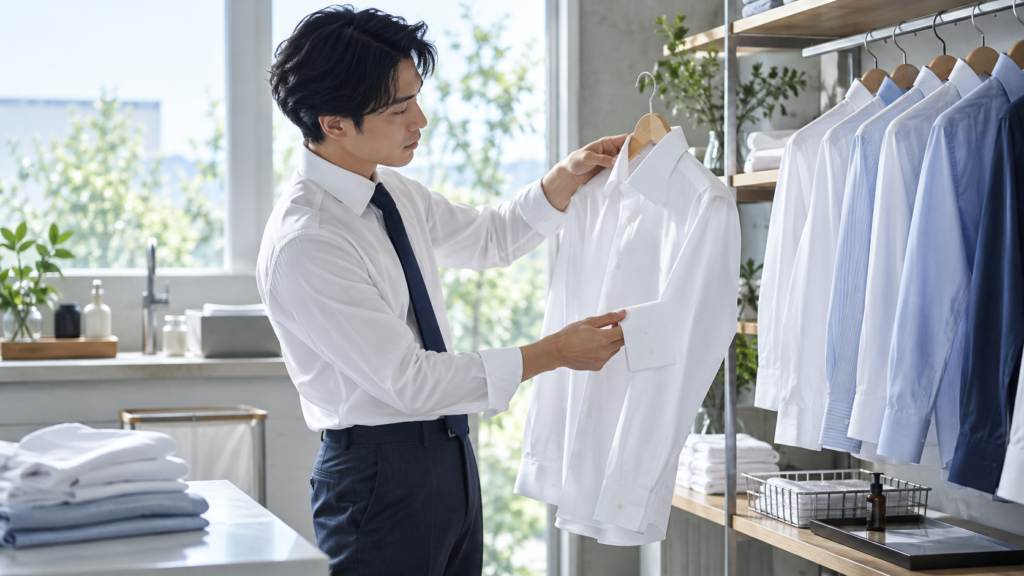 洗濯後の白いビジネスワイシャツをハンガーに掛け、袖口や襟の状態を確認する日本人男性