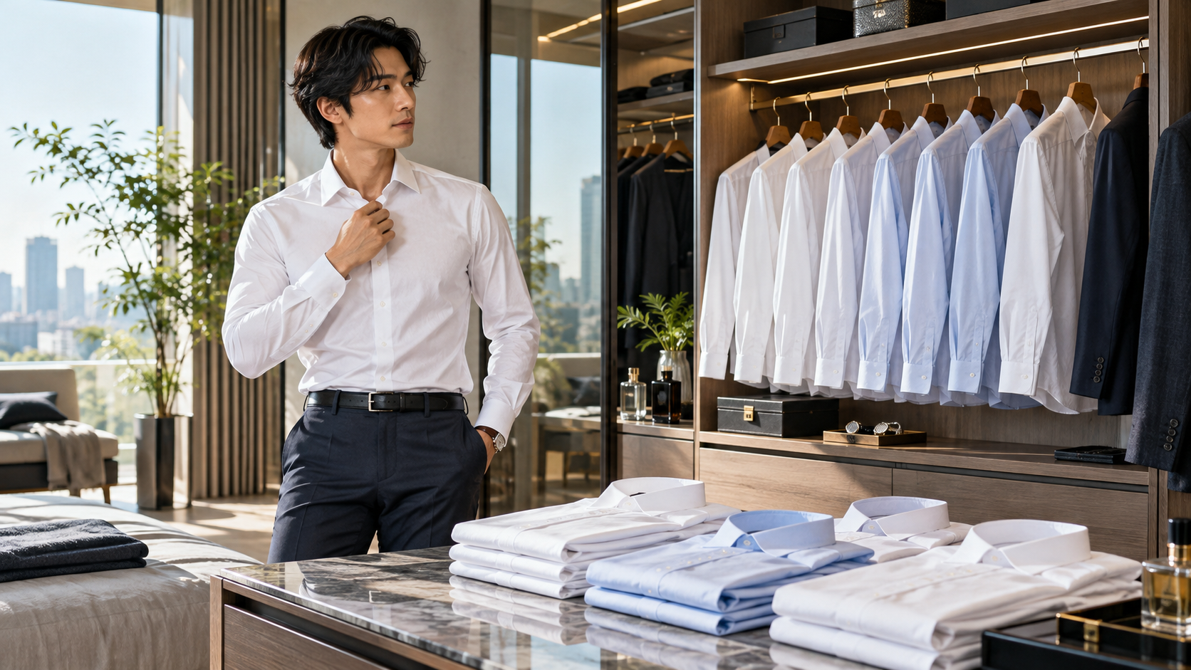 ビジネスワイシャツの必要枚数とローテーションを考え、白やブルーのシャツをそろえる日本人男性