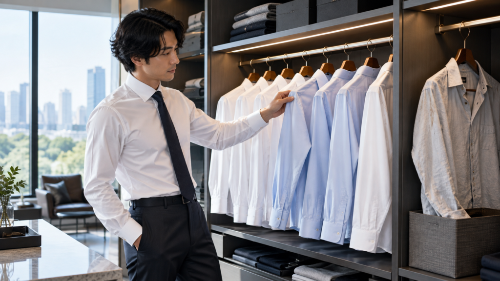 白と水色のビジネスワイシャツが並ぶクローゼットで、買い替えや着回しを考えながらシャツを選ぶ日本人男性