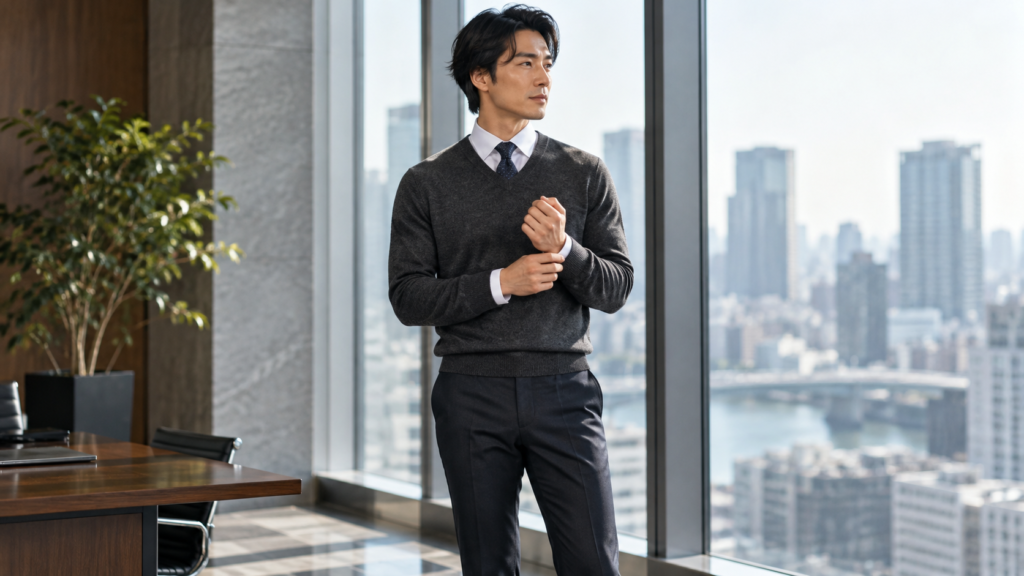 白いワイシャツにネクタイとチャコールグレーのVネックニットを重ねた男性のビジネスコーディネート