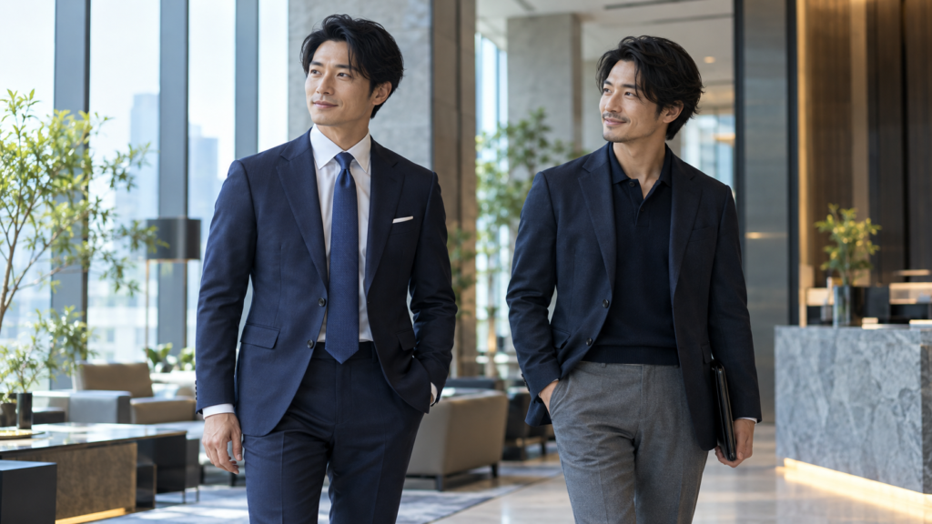 ワイシャツとネクタイのスーツ姿とポロシャツを合わせたビジネスカジュアル姿の男性2人