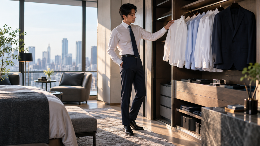 クローゼットに並ぶ白と淡いブルーのビジネスワイシャツから、着用する一枚を選ぶ日本人男性