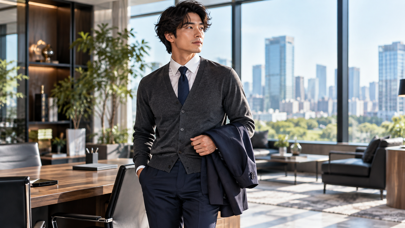 白いワイシャツにグレーのカーディガンを重ね、ネイビーのジャケットを手に持つ男性のビジネス向け重ね着コーディネート