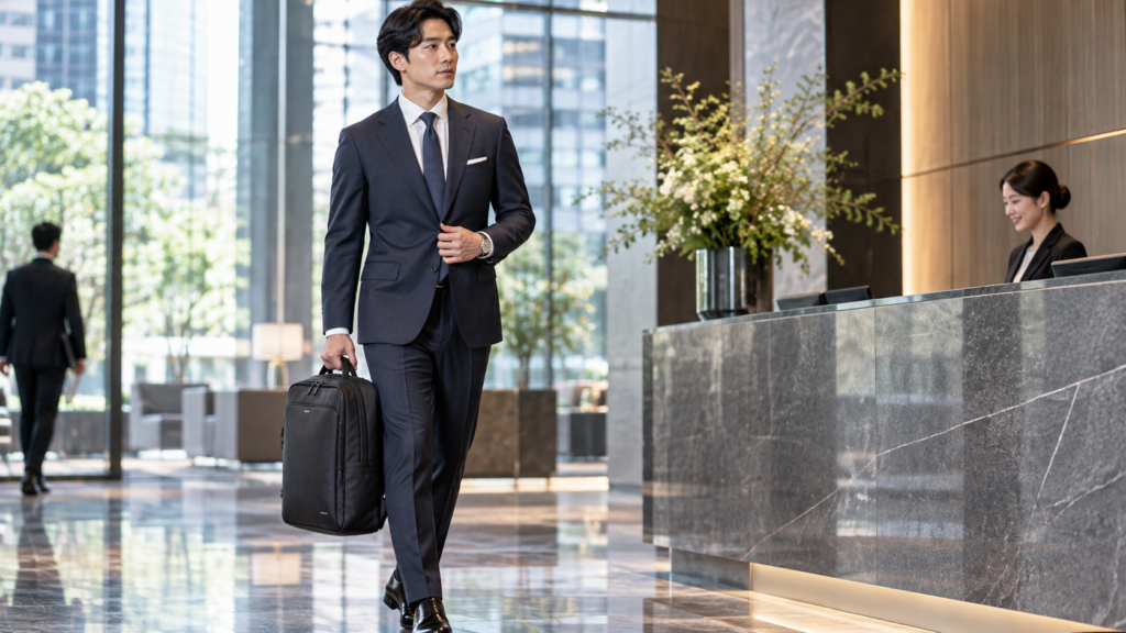 訪問先の受付でビジネスリュックを手持ちするスーツ姿の男性