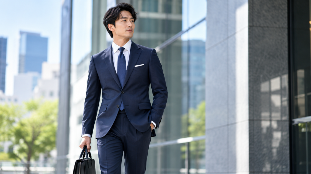 自分に合うビジネススーツを着てオフィス街を歩く男性