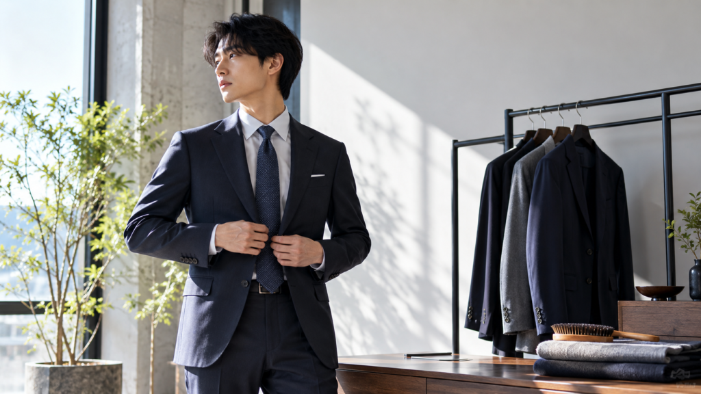 ビジネススーツの日常ケアとブラッシングをイメージした男性とスーツ