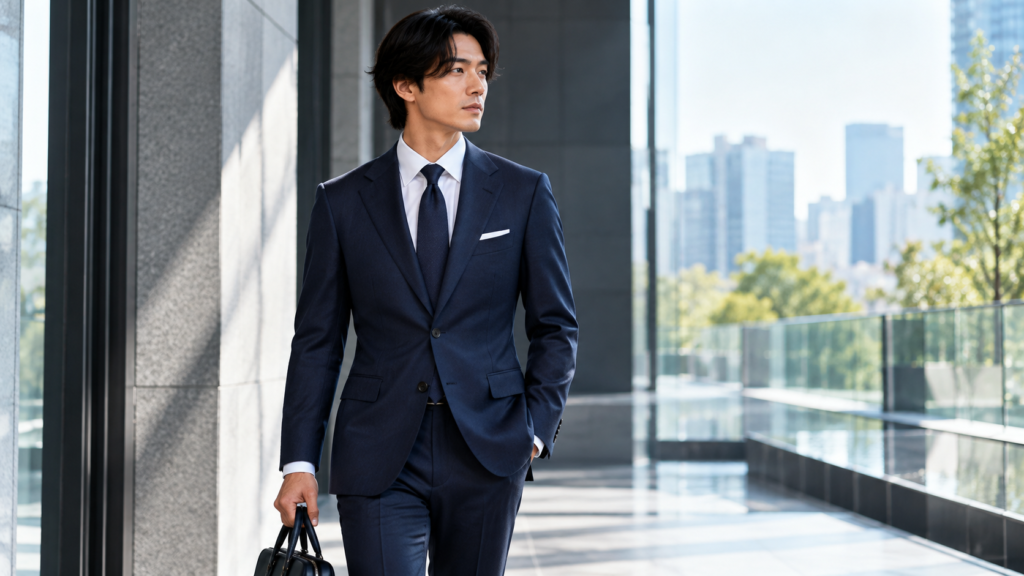 ネイビーのビジネススーツで都会のオフィスを歩く男性