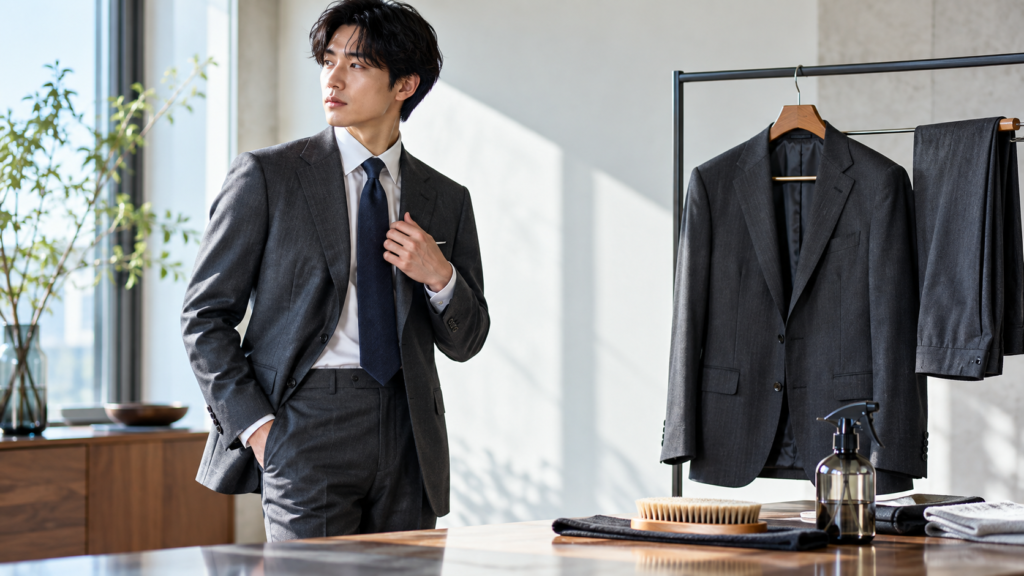 洗ったビジネススーツをハンガーで整えて乾かす手入れのイメージ
