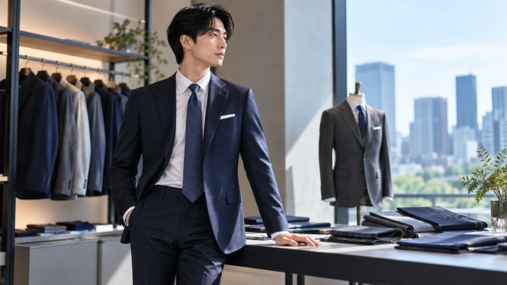 ビジネススーツの生地と仕立てを比較する男性と紳士服店のスーツ