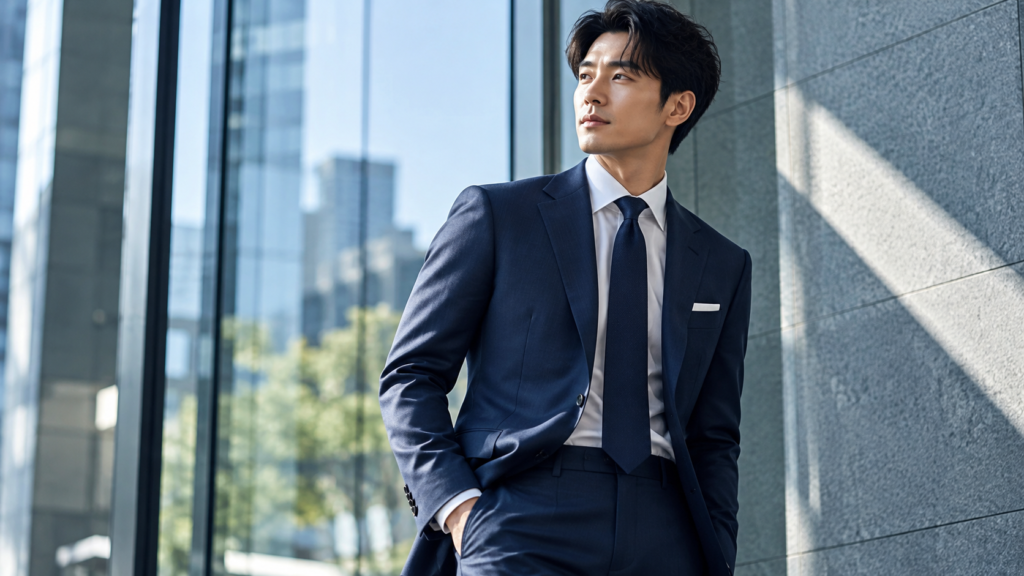 ネイビーのビジネススーツの肩やシルエットを確認できる男性の着こなし