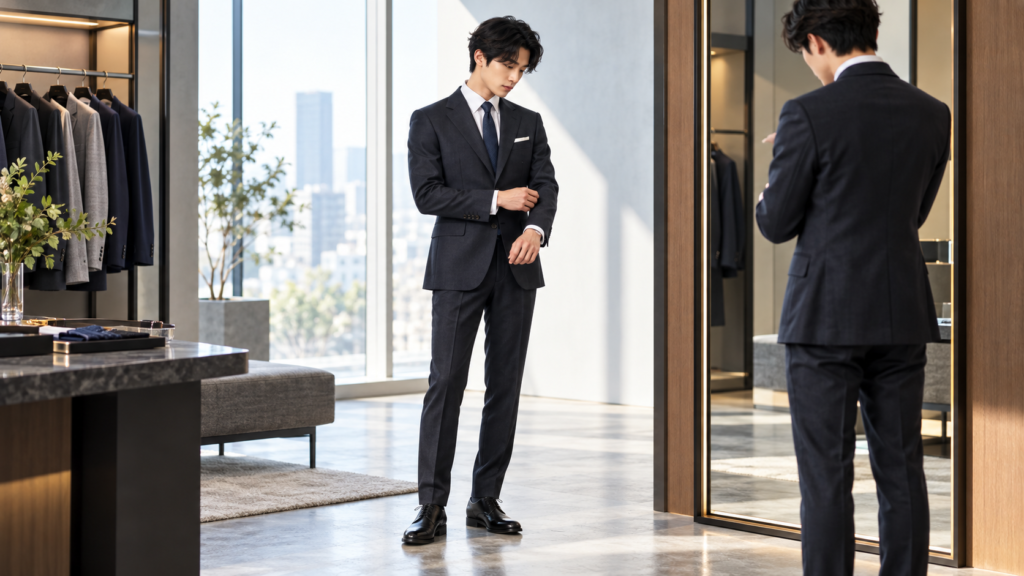 ビジネススーツを試着して袖丈やサイズ感を確認する男性