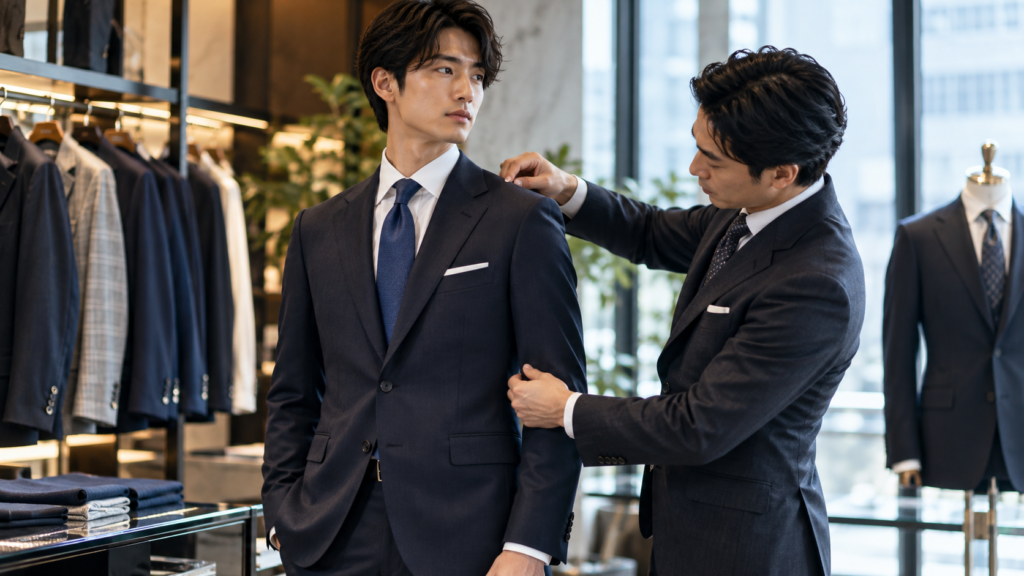 ビジネススーツを店舗で試着しスタッフに肩のフィット感を確認してもらう男性