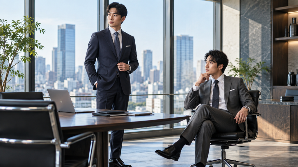 立つ男性と座る男性で確認するビジネススーツのジャケットとボタンマナー