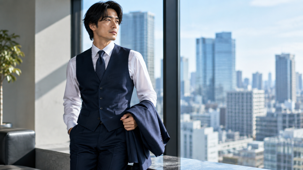 ジャケットを脱いでビジネススーツを休ませる男性