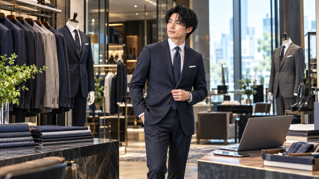 ビジネススーツ専門店で商品を確認する男性と通販比較をイメージしたノートパソコン