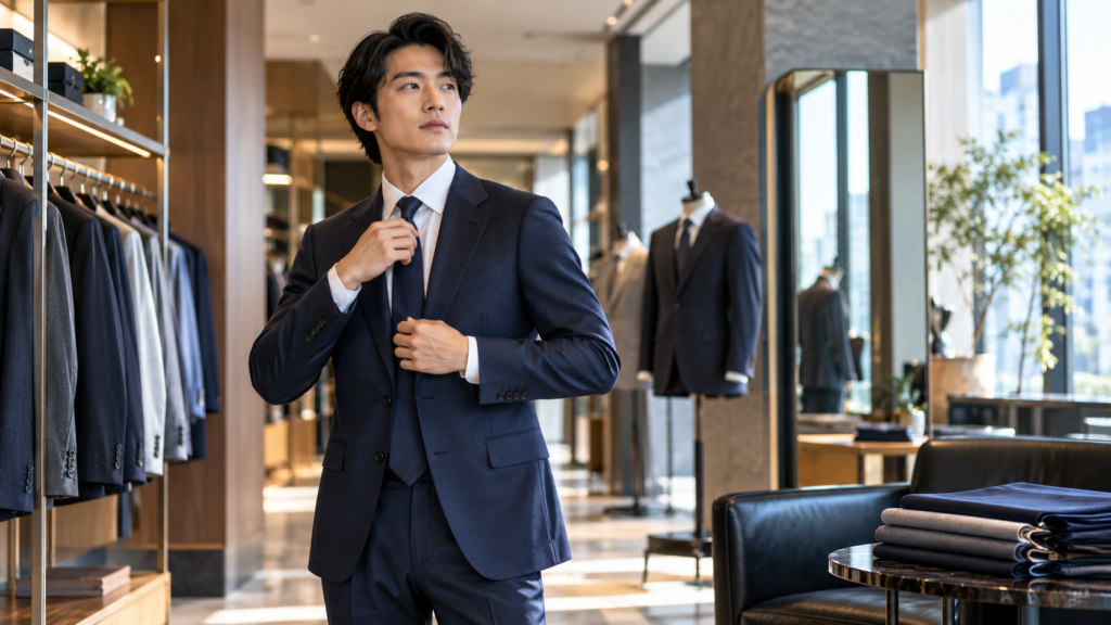 ビジネススーツ売場でネクタイとジャケットを整えながら試着する男性
