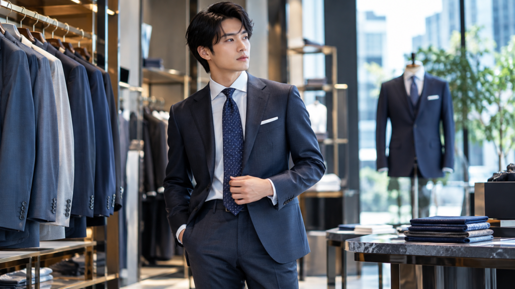 スーツ専門店でネイビーのビジネススーツを試着しサイズ感を確認する男性