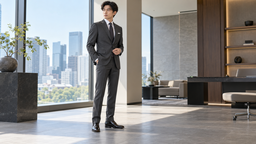 チャコールグレーのビジネススーツでパンツ丈と革靴のバランスを確認する男性