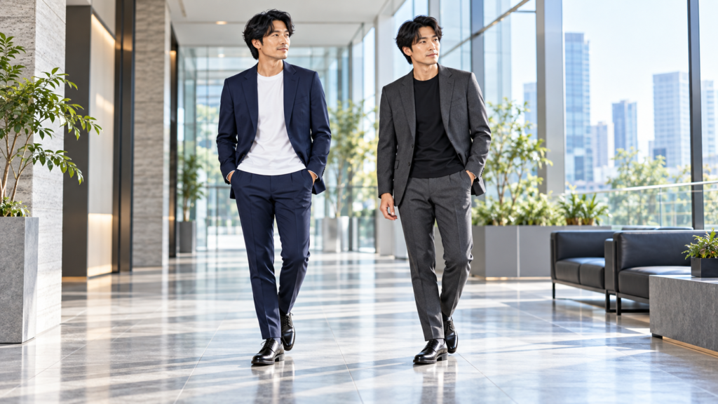 ネイビースーツと白Tシャツ、チャコールスーツと黒Tシャツの着こなし比較
