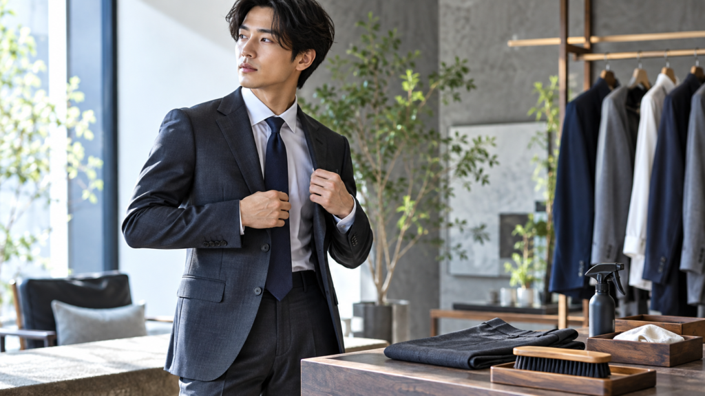 ビジネススーツの洗濯前にスラックスやケア用品を準備するイメージ