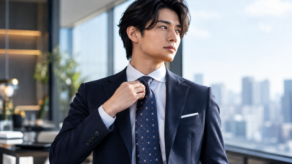 ネイビースーツに白シャツと小さな動物柄ネクタイを合わせて襟元を整える日本人男性