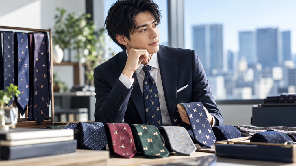 ビジネススーツを着た日本人男性が紺色の犬柄ネクタイを手に取りデザインを確認する様子