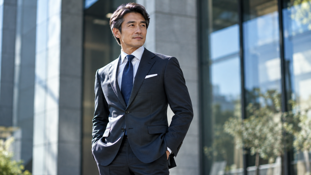 チャコール系ビジネススーツを端正に着こなす50代の日本人男性