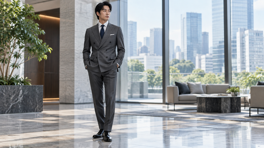 チャコールグレーのダブルビジネススーツを現代的なサイズで着こなす男性