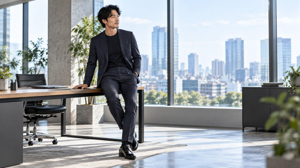 黒Tシャツをダークスーツにすっきり合わせたビジネスカジュアルスタイル